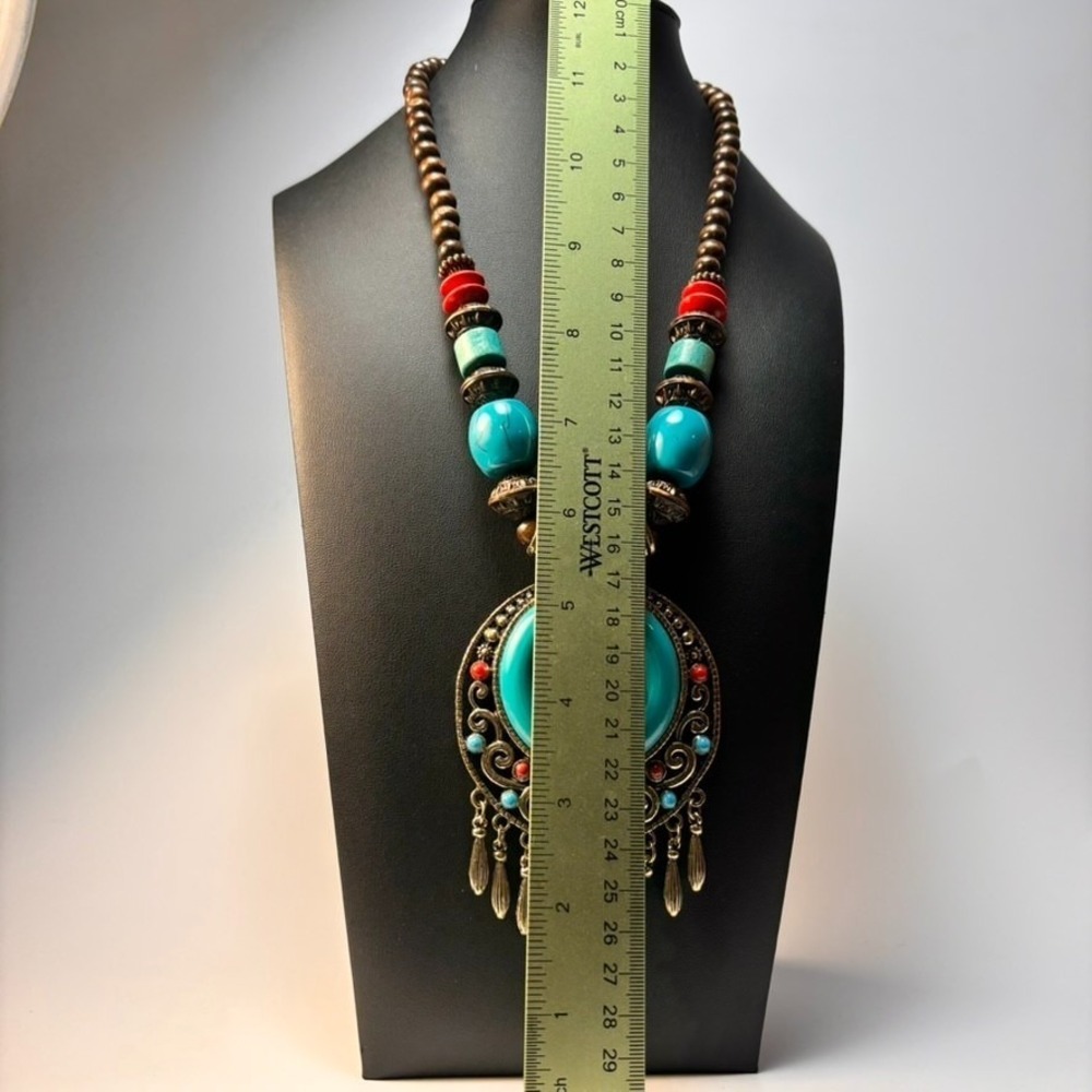 Chunky Vintage Necklace Wood Beads Boho Chunky Blue Resin Pendant - Picture 6 of 10